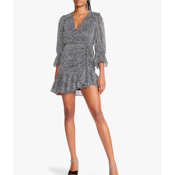 Betsey Johnson Heart Print Mini Dress Faux Wrap Ruffle Chiffon Whimsigoth Glam - Picture 2 of 10